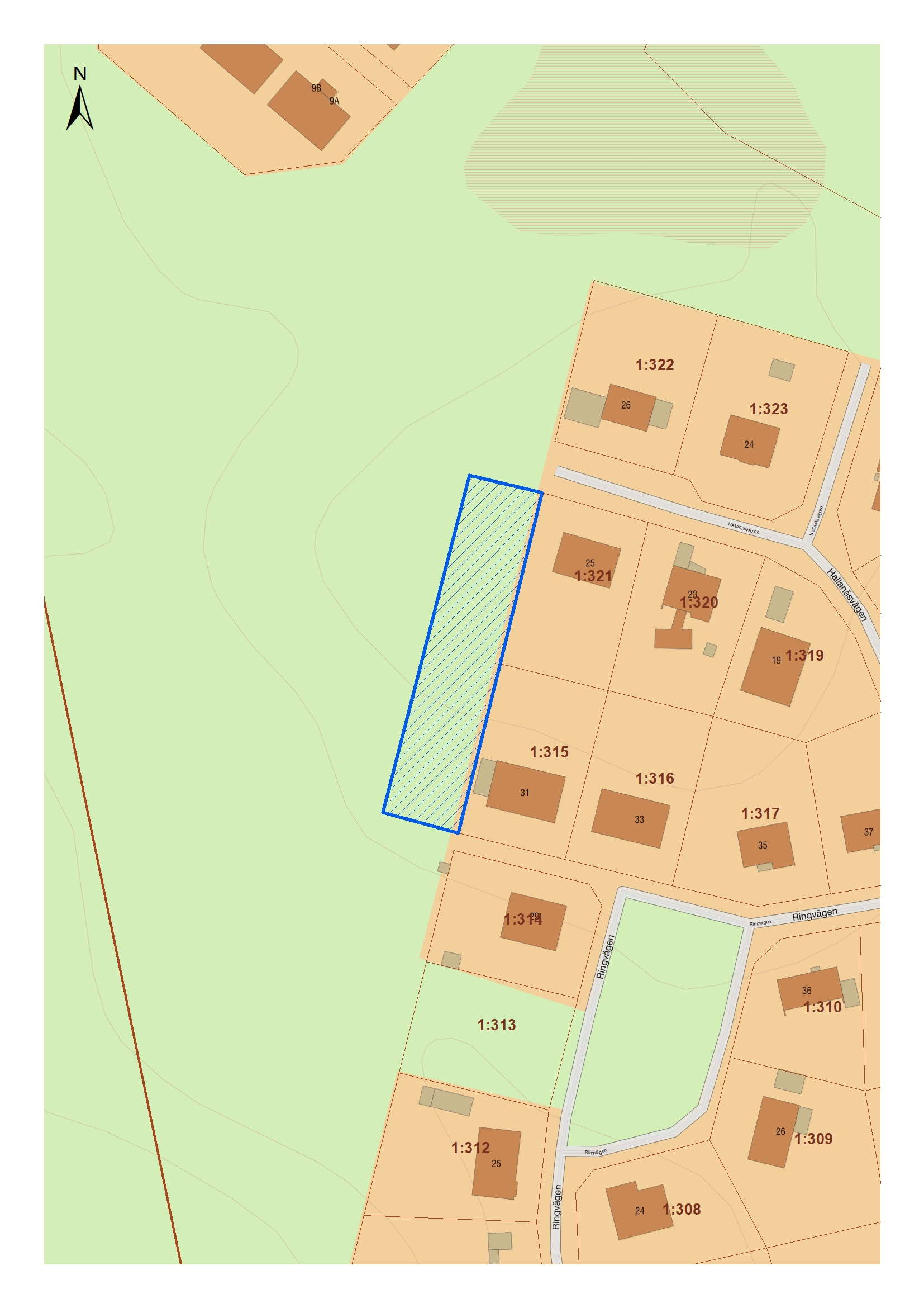 En remsa öster om och mellan Ringvägen och Hallanäsvägen.