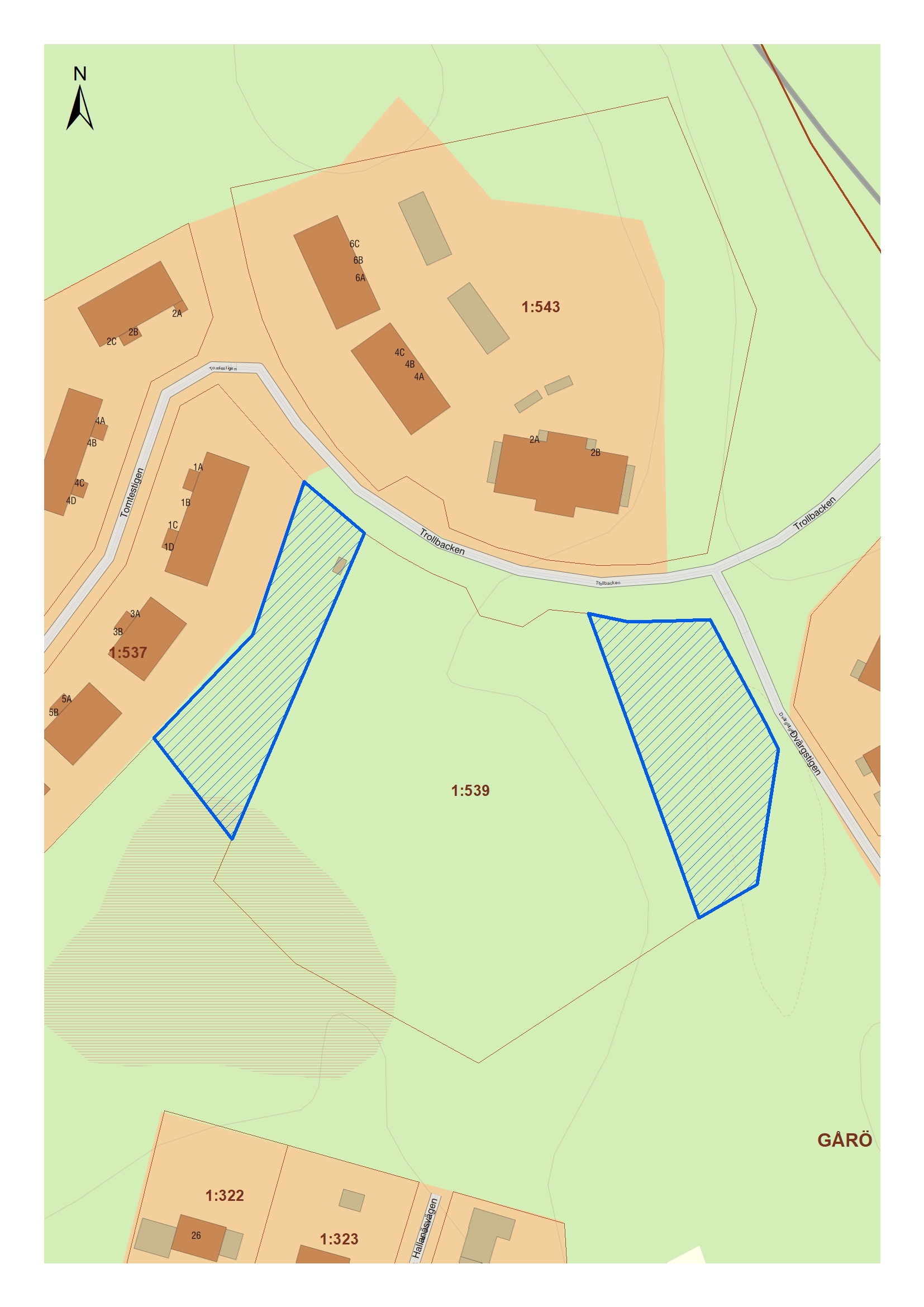 Tomtestigen mellan
bostäderna och den nu nedhuggna skogen.