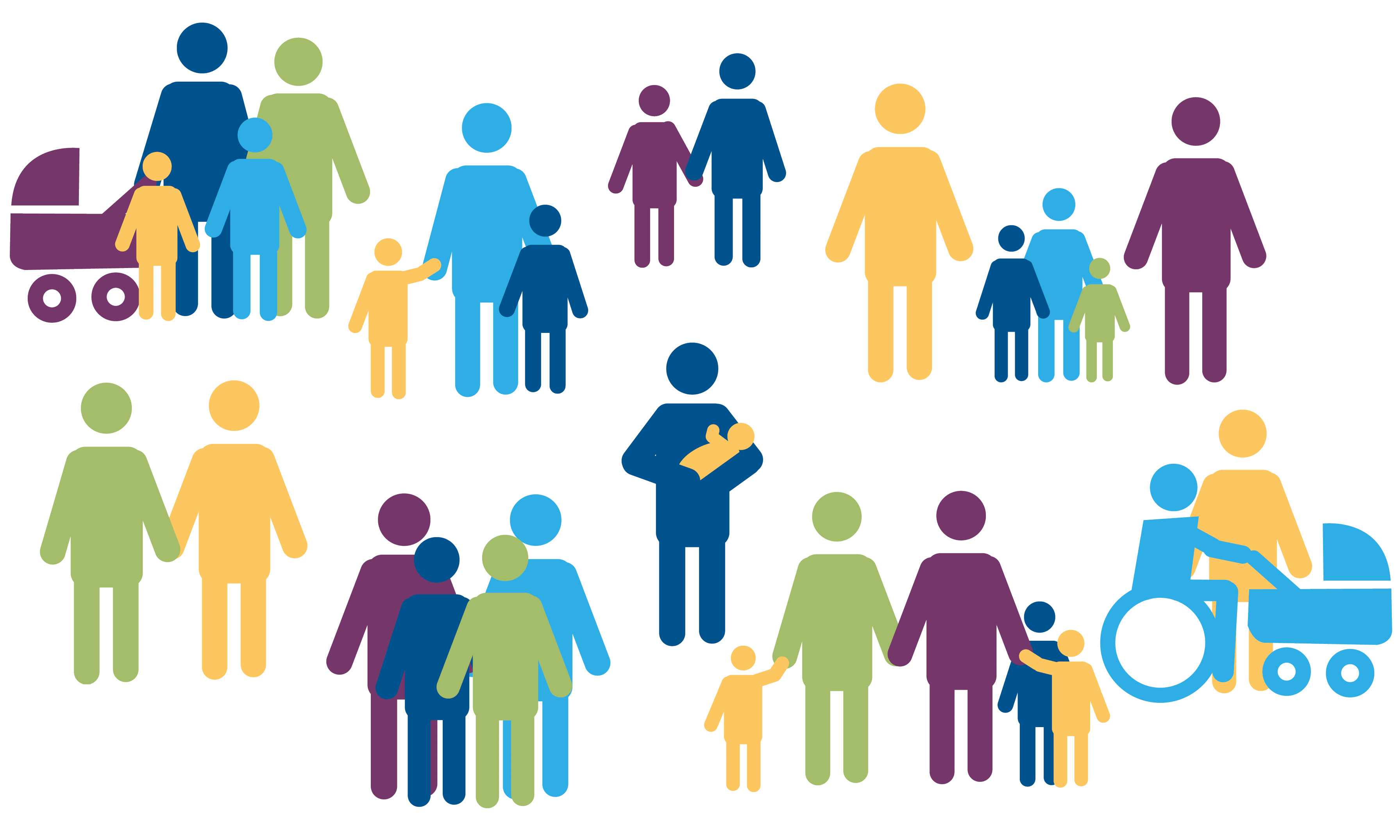 En illustration föreställande olika familjer, av olika storlek och personer. 
