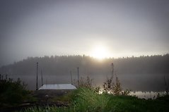 Götarp, utsikt över en disig sjö.