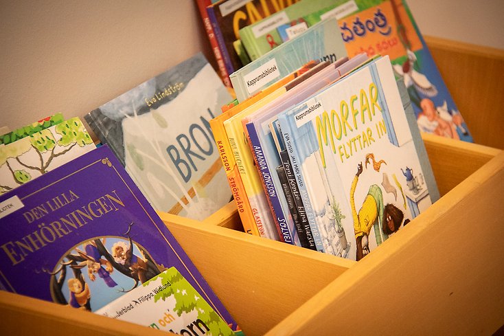 Barnböcker i en låda.