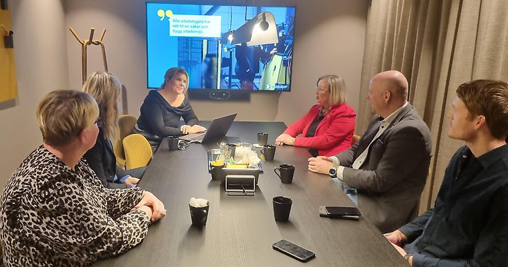 personer sitter vid ett konferensbord och tittar på bilder på en skärm.
