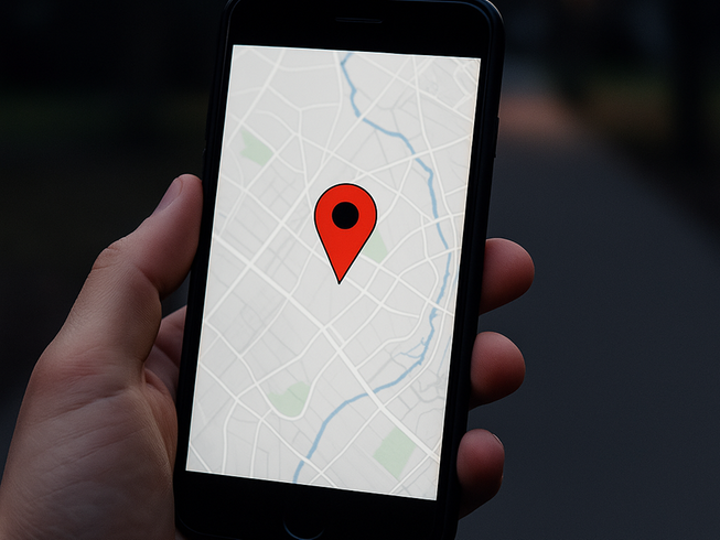 Hand som håller i telefon med karta.