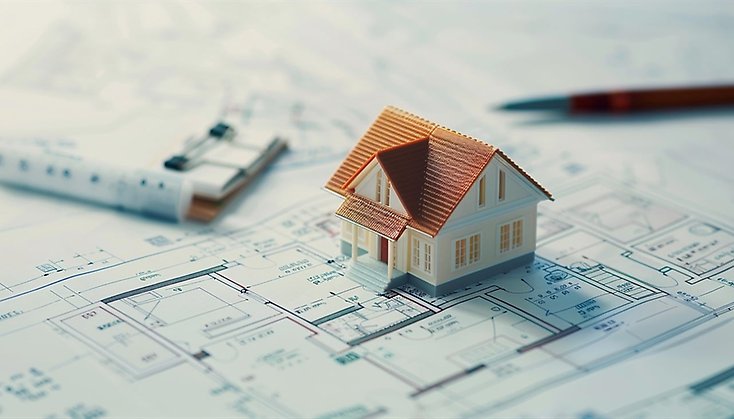 Modellhus som står på planritning.