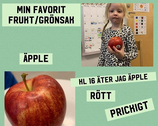 Collage med en flicka var favoritfrukt är äpple.